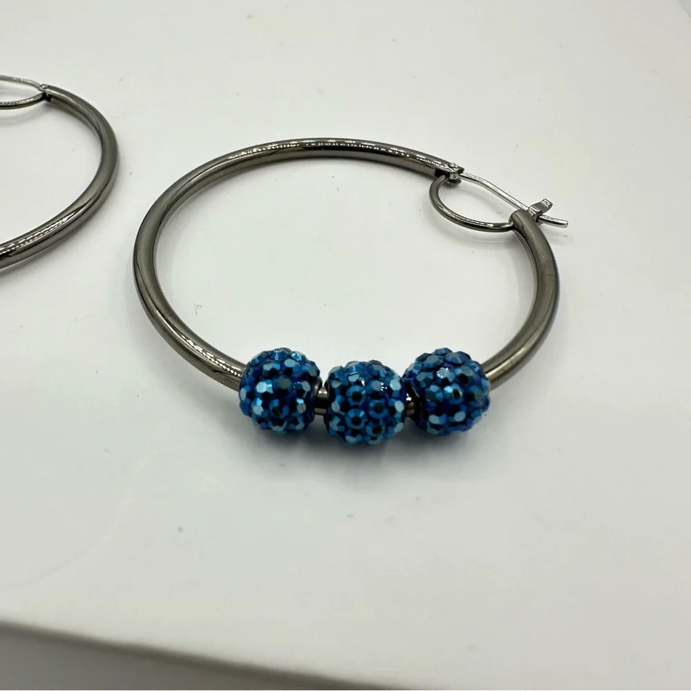 Henri Bendel Rocks Blue Rhinestone Gunmetal Hoop Pierced Earrings